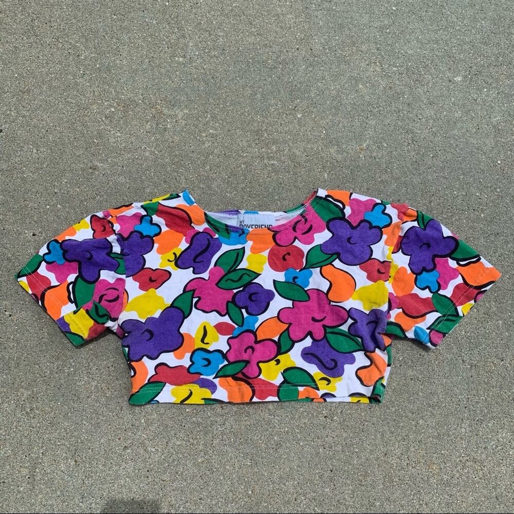 Vintage 90s bold primary water color floral crop T-shirt